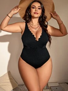 SHEIN Swim Curve Summer Beach Plus Scallop Trim One Piece Swimsuit - Black - View 1