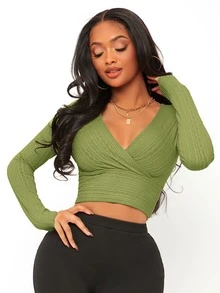 SHEIN SXY Surplice Neck Crop Tee - Olive Green - View 3