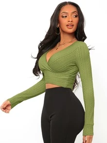 SHEIN SXY Surplice Neck Crop Tee - Olive Green - View 4