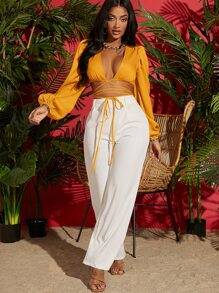 SHEIN SXY Áo nữ Hội Chữ thập Thắt nơ trước màu trơn Gợi cảm - Màu Mù tạt vàng - Xem 5