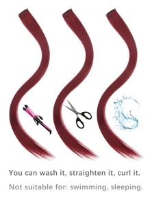 10 piezas de extensiones de cabello sintético recto de longitud media con clips - Burdeos - Ver 7