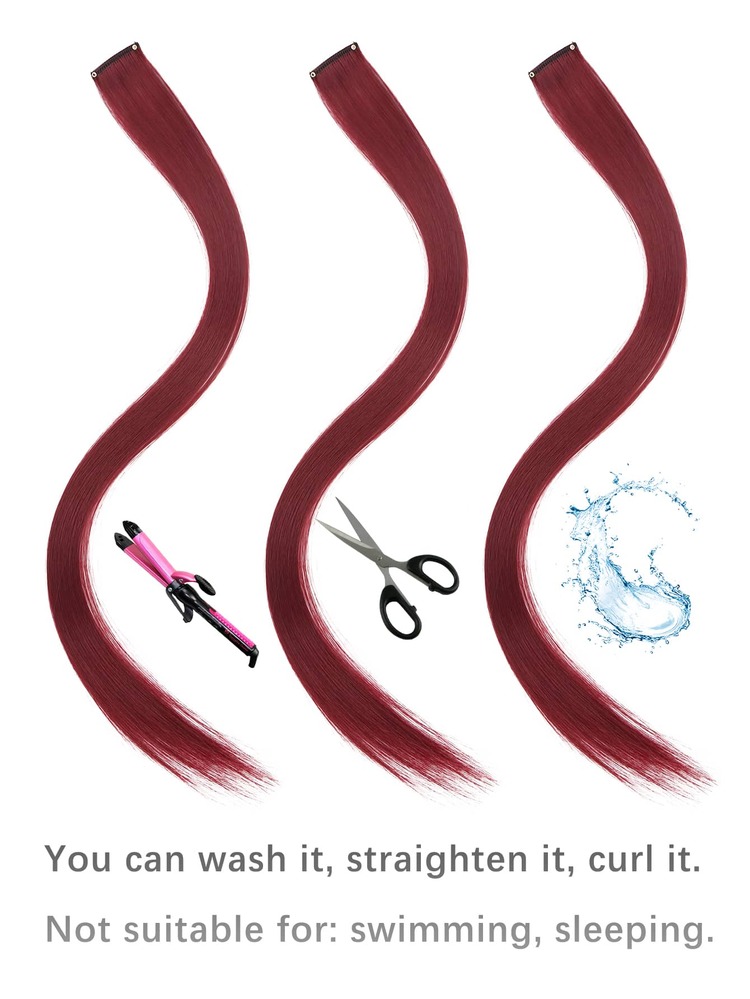 10 piezas de extensiones de cabello sintético recto de longitud media con clips - Burdeos - Añade 6