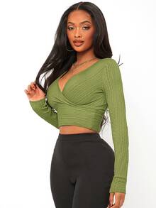SHEIN SXY Surplice Neck Crop Tee - Olive Green - View 5