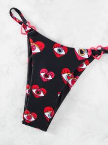 Swim SXY Summer Eye Print Heart Detail Bikini Bottom - Black - View 3