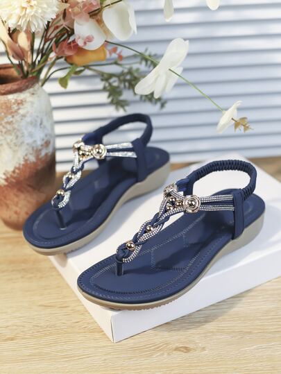 Fashionable Thong Sandals For Women, Rhinestone & Beaded Decor Slingback Flat Sandals