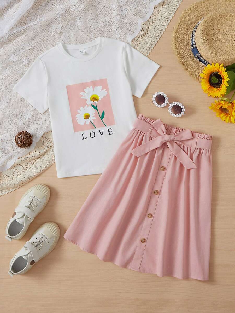 SHEIN Chicas con estampado floral con letra Camiseta & de cintura con volante con cinturón Falda
