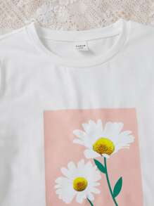 SHEIN Chicas con estampado floral con letra Camiseta & de cintura con volante con cinturón Falda