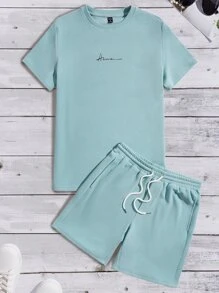 GENTILAND Men Letter Graphic Tee & Drawstring Waist Shorts - Mint Blue - View 1