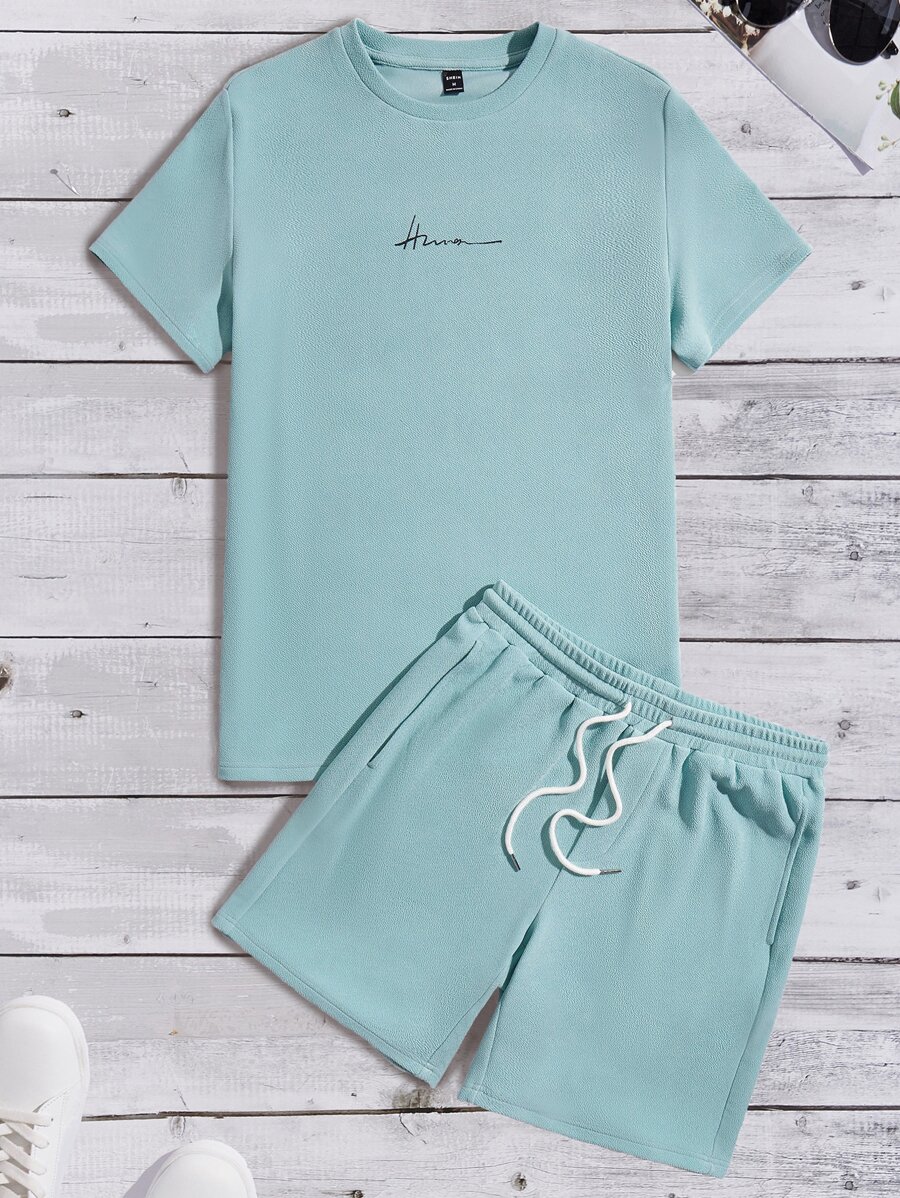 GENTILAND Men Letter Graphic Tee & Drawstring Waist Shorts - Mint Blue - View 1