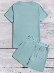 GENTILAND Men Letter Graphic Tee & Drawstring Waist Shorts - Mint Blue - View 2