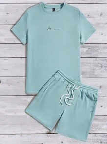 GENTILAND Men Letter Graphic Tee & Drawstring Waist Shorts - Mint Blue - View 4