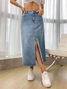 SHEIN Essnce Váy denim nữ Nút Túi Chia màu trơn - Rửa nhẹ - Xem 5