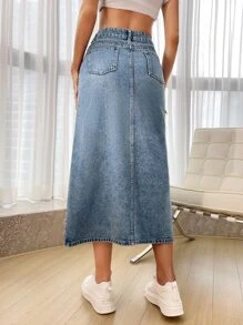SHEIN Essnce Váy denim nữ Nút Túi Chia màu trơn - Rửa nhẹ - Xem 2