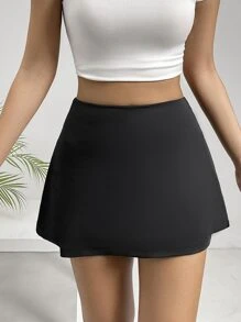 SHEIN EZwear 纯色高腰休闲开衩迷你黑色裙子 - 黑色 - 查看 5