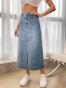 SHEIN Essnce Váy denim nữ Nút Túi Chia màu trơn - Rửa nhẹ - Xem 1