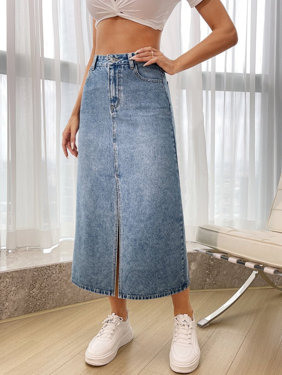 SHEIN Essnce Váy denim nữ Nút Túi Chia màu trơn - Rửa nhẹ - Xem 1