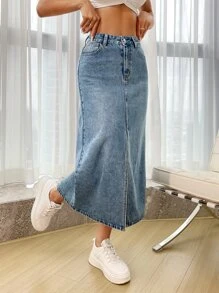 SHEIN Essnce Váy denim nữ Nút Túi Chia màu trơn - Rửa nhẹ - Xem 3