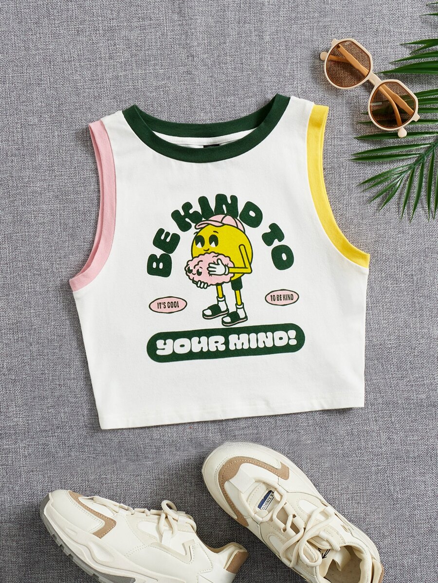 JORD.DESIGNS Artist Girlcore 字母与卡通图案对比装订背心，女装，夏季，95% 纯棉 - 白色 - 查看 1