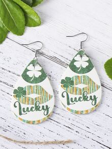 1 對聖派翠克節女士 Pu 雙面四葉草幸運淚滴吊墜耳環 - 綠色 - 查看 2