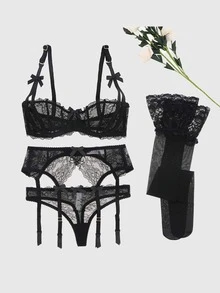 Floral Lace Underwire Garter Lingerie Set With Stockings - Black - View 2