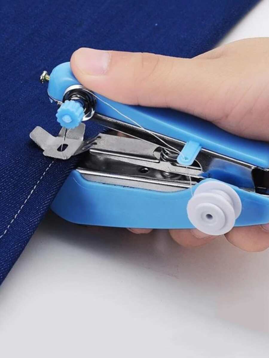 1pc Mini Sewing Machine, Portable Small Manual Sewing Machine, Household Simple Handheld Needlework Manual Sewing Clothes Fabric - Blue - View 1