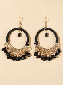 Bead Tassel Drop Earrings - Black - View 1