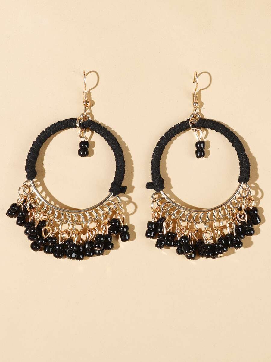 Bead Tassel Drop Earrings - Black - View 1