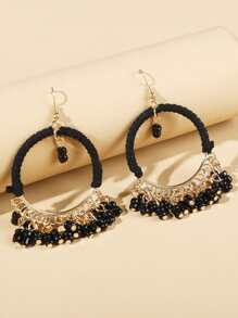 Bead Tassel Drop Earrings - Black - View 2