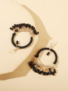 Bead Tassel Drop Earrings - Black - View 4