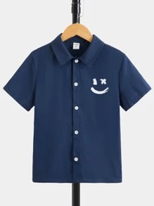 SHEIN Boys Expression Print Shirt - Navy Blue - View 1