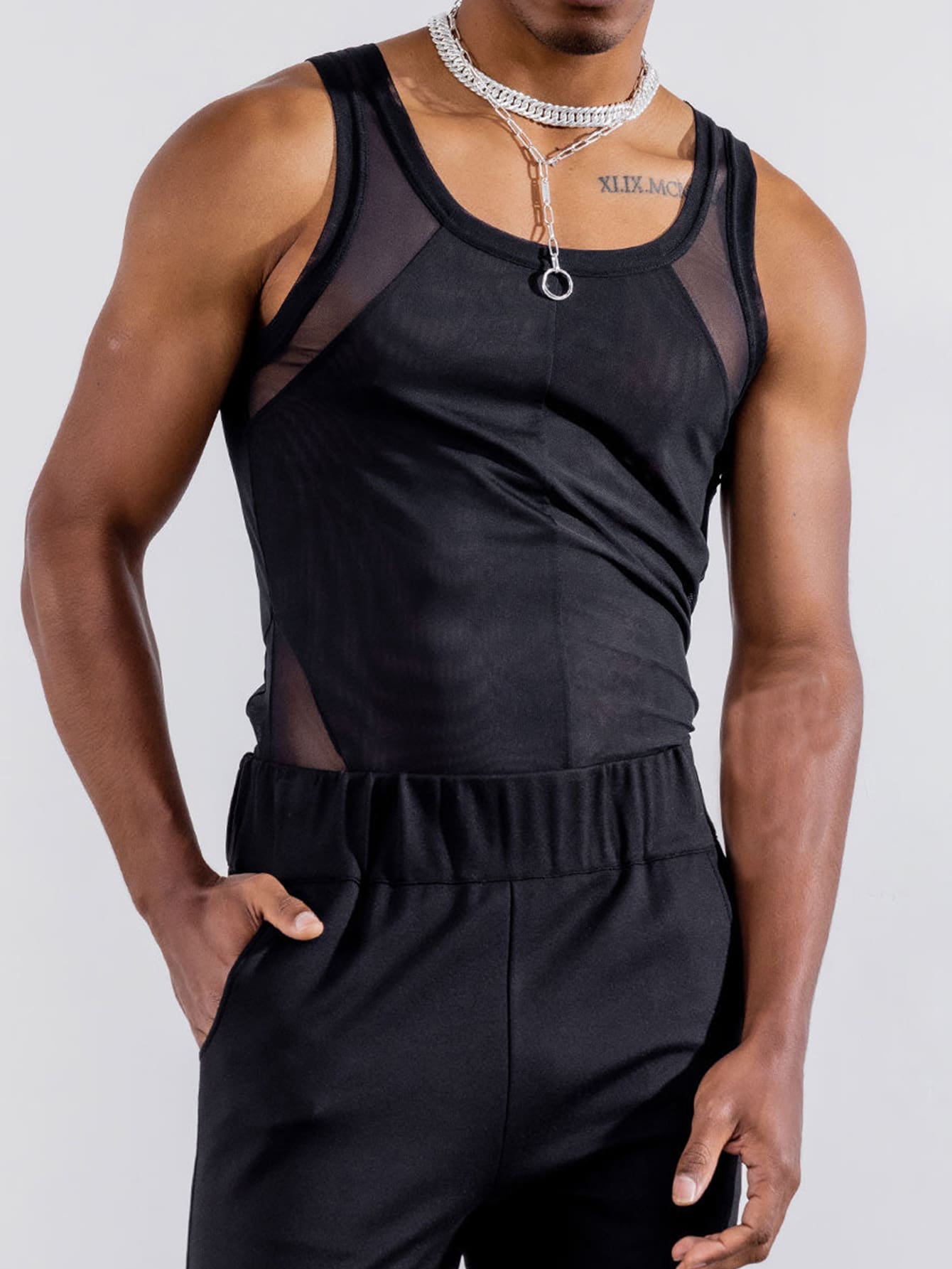 Áo thun & Áo lót Nam Tương phản Mesh Chia màu trơn Giải trí - màu đen - Xem 1