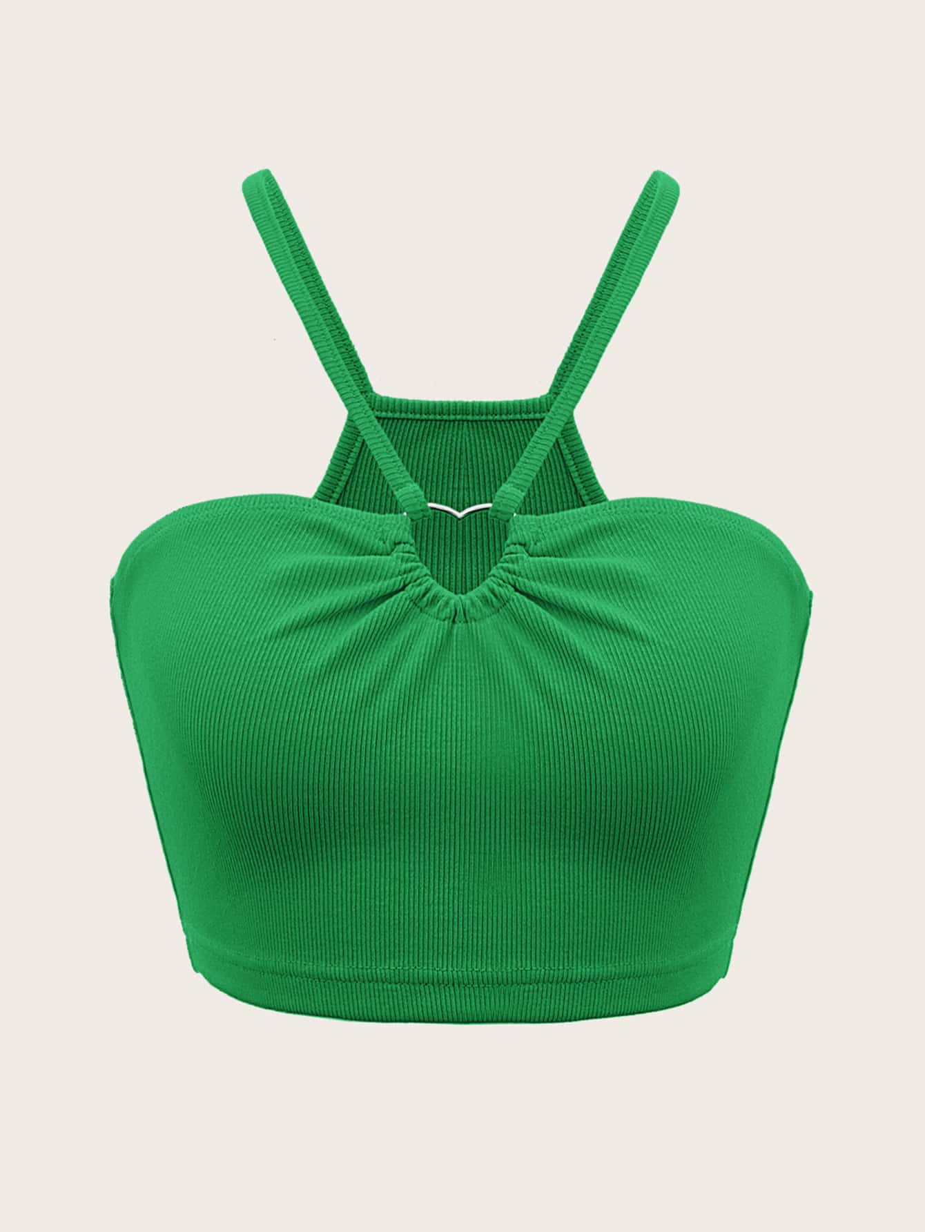 SHEIN ICON Áo hai dây Plus Size Nhẫn Xù Gân đan màu trơn Giải trí - màu xanh lá - Xem 1