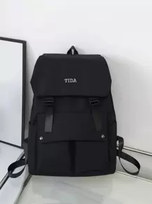 Letter Embroidered Release Buckle Decor Flap Backpack - Black - View 1