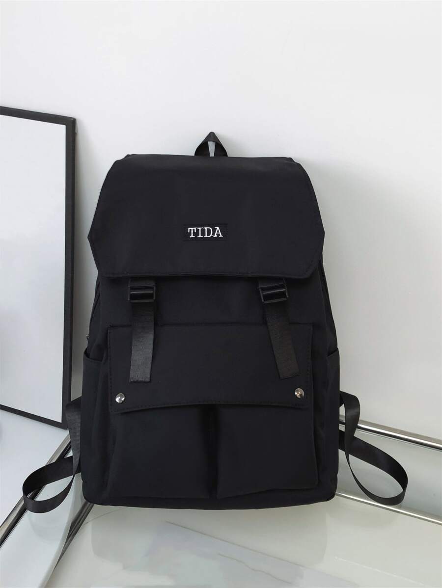 Letter Embroidered Release Buckle Decor Flap Backpack - Black - View 1