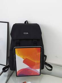 Letter Embroidered Release Buckle Decor Flap Backpack - Black - View 3