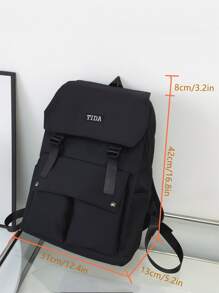 Letter Embroidered Release Buckle Decor Flap Backpack - Black - View 5