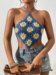 SHEIN VCAY 花卉圖案後背繫帶繞頸短款勾織罩衫上衣 - 彩色 - 查看 1