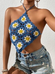 SHEIN VCAY 花卉圖案後背繫帶繞頸短款勾織罩衫上衣 - 彩色 - 查看 4