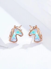 1對蛋白石獨角獸耳釘女士們珠寶和手錶S925純銀玫瑰精細首飾類約會禮物