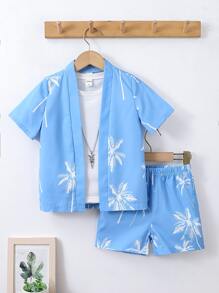 SHEIN 小男童椰子樹圖案和服罩衫和短褲不帶T恤 - 藍色 - 查看 1
