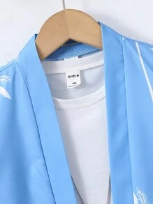 SHEIN 小男童椰子樹圖案和服罩衫和短褲不帶T恤 - 藍色 - 查看 4