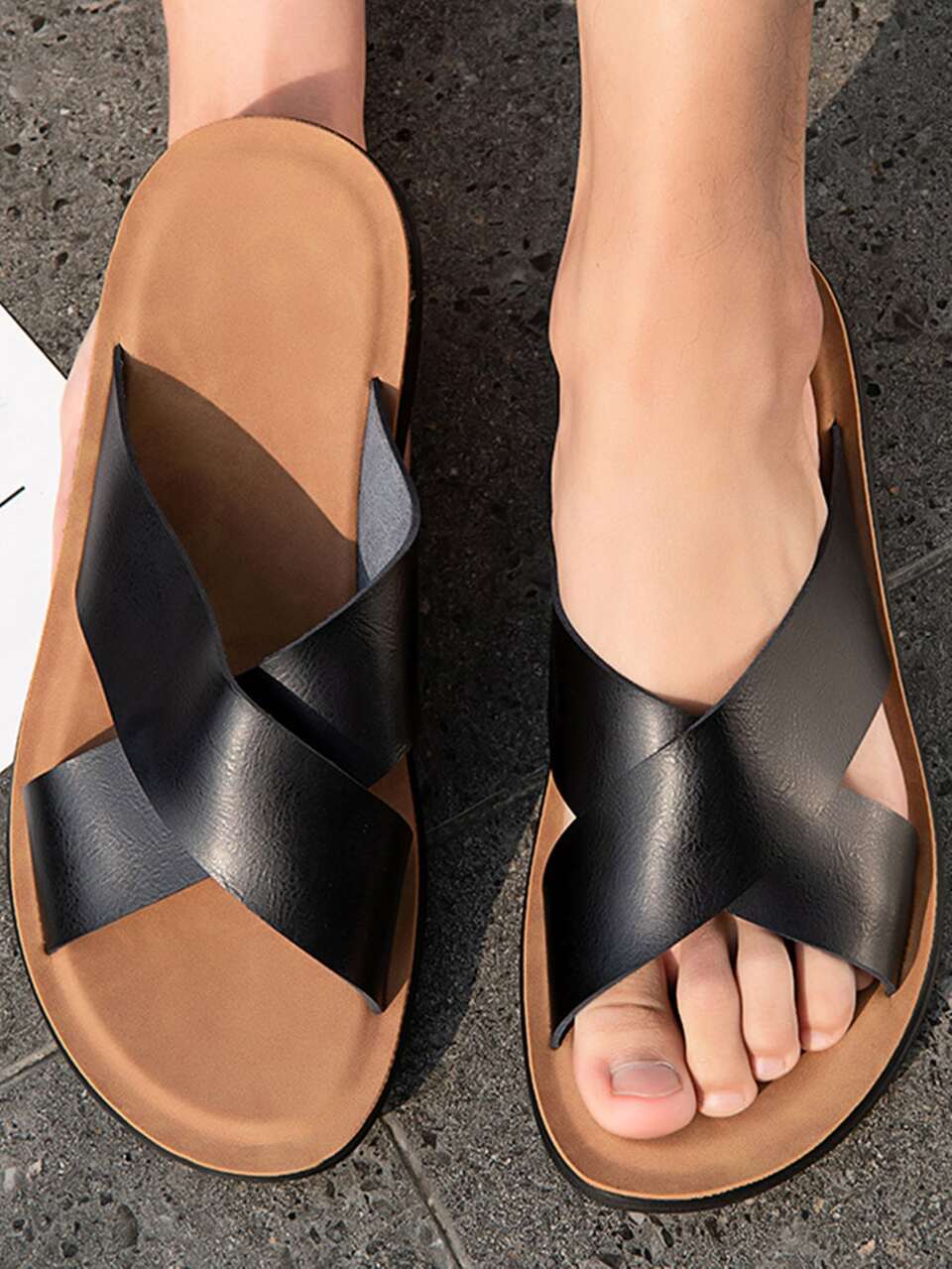 Cool Black Slide Shoes For Men, Cross Strap Shoes