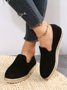 女士圓頭編織度假黑色仿麂皮樂福鞋 - 黑色 - 查看 1