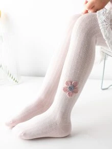 1pc Baby Girls' Tight Pants With Flower Decorated Tights, Children Leggings - Pink - View 1