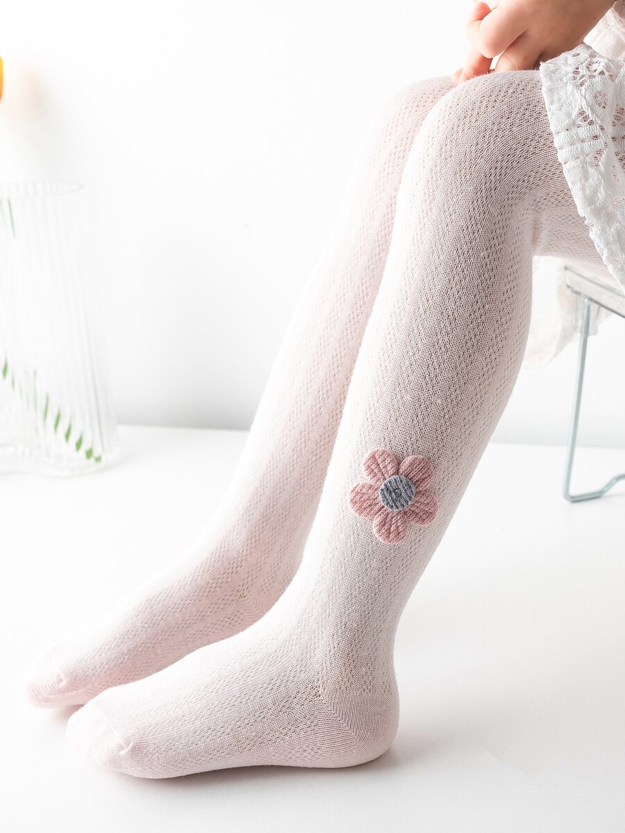 1pc Baby Girls' Tight Pants With Flower Decorated Tights, Children Leggings - Pink - View 1