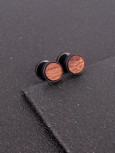 Men Wooden Pattern Round Stud Earrings Stainless Steel Punk Hip Pop Style, For Jewelry Gift And Party