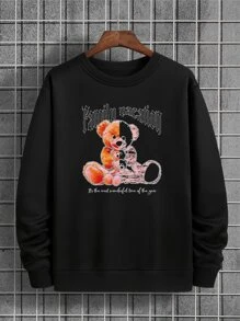 Men Letter & Cartoon Graphic Pullover - Black - View 1