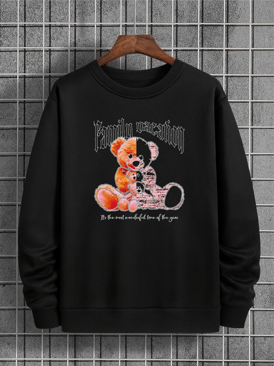 Men Letter & Cartoon Graphic Pullover - Black - View 1