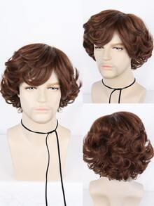 Peluca corta y ondulada de color marrón con flequillo para cosplay, ideal para fiestas escolares, feriados, Halloween, Acción de Gracias, Navidad - Fibra sintética de alta densidad y alta temperatura, peluca económica perfecta para hombres y 1 pieza de gorro para peluca - Marrón - Ver 1