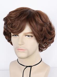 Peluca corta y ondulada de color marrón con flequillo para cosplay, ideal para fiestas escolares, feriados, Halloween, Acción de Gracias, Navidad - Fibra sintética de alta densidad y alta temperatura, peluca económica perfecta para hombres y 1 pieza de gorro para peluca - Marrón - Ver 5